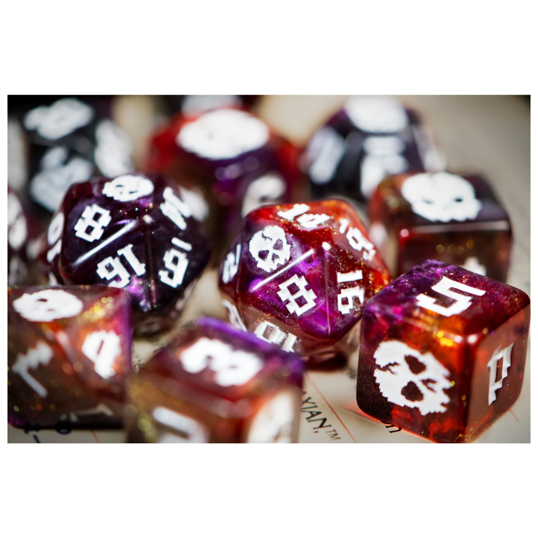 Infinite Black 1UP polyhedral dice set Cackling Skull with magnetic rolling tray and fabric dice bag