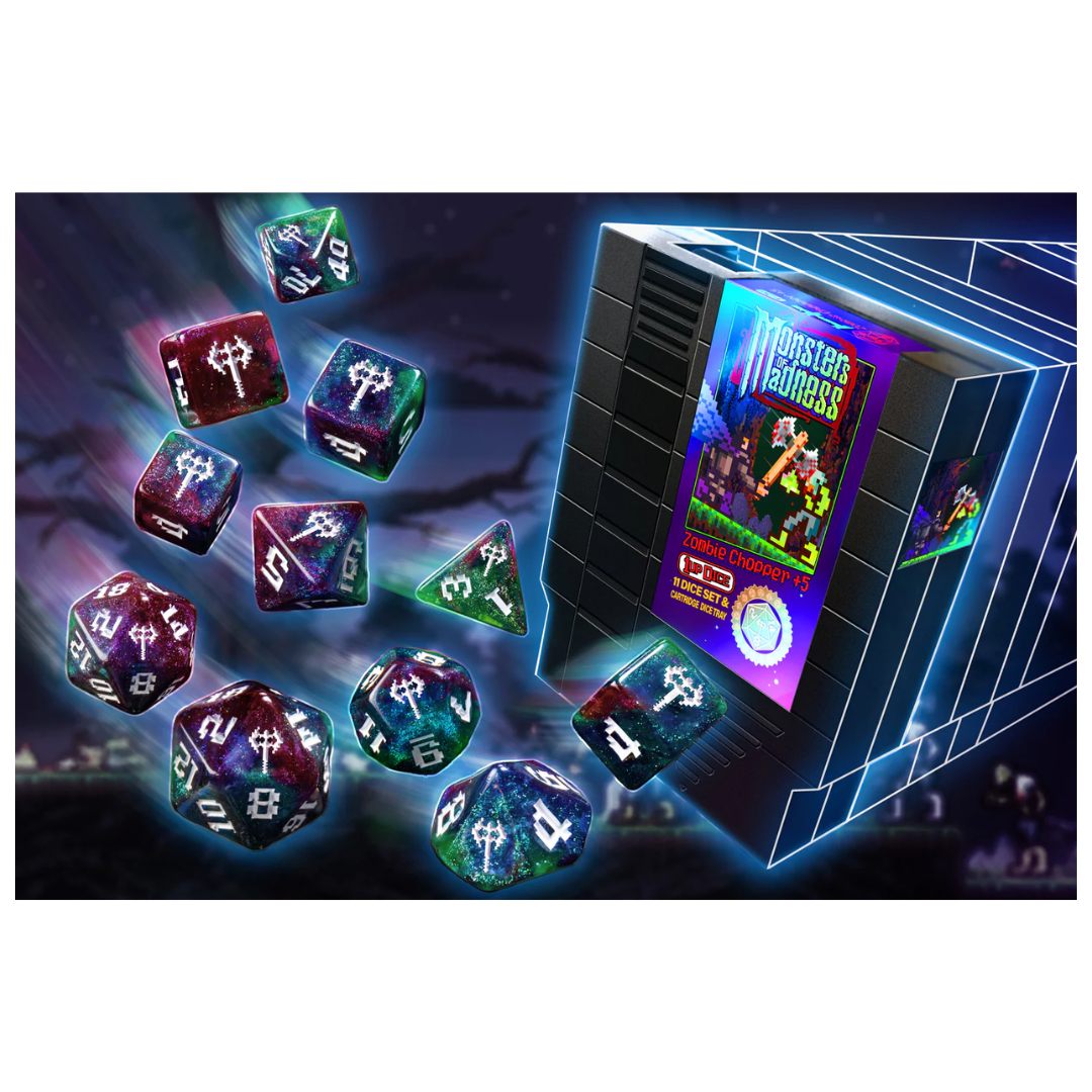 Infinite Black 1UP Dice set in Zombie Chopper design with seven RPG dice in distressed post-apocalyptic colour scheme