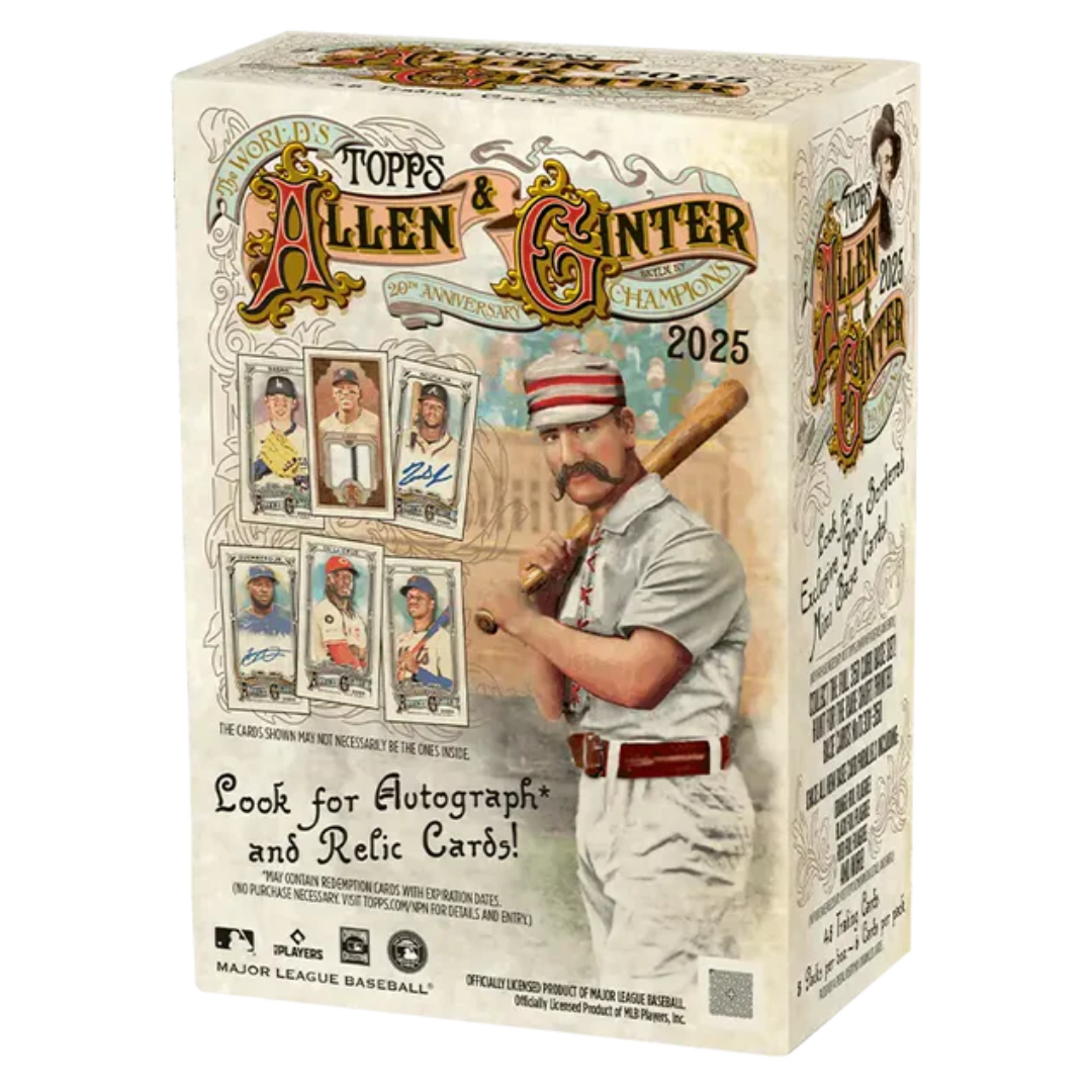 2025 Topps Allen & Ginter Baseball Value Blaster Box with sealed packs of baseball cards and vintage style design