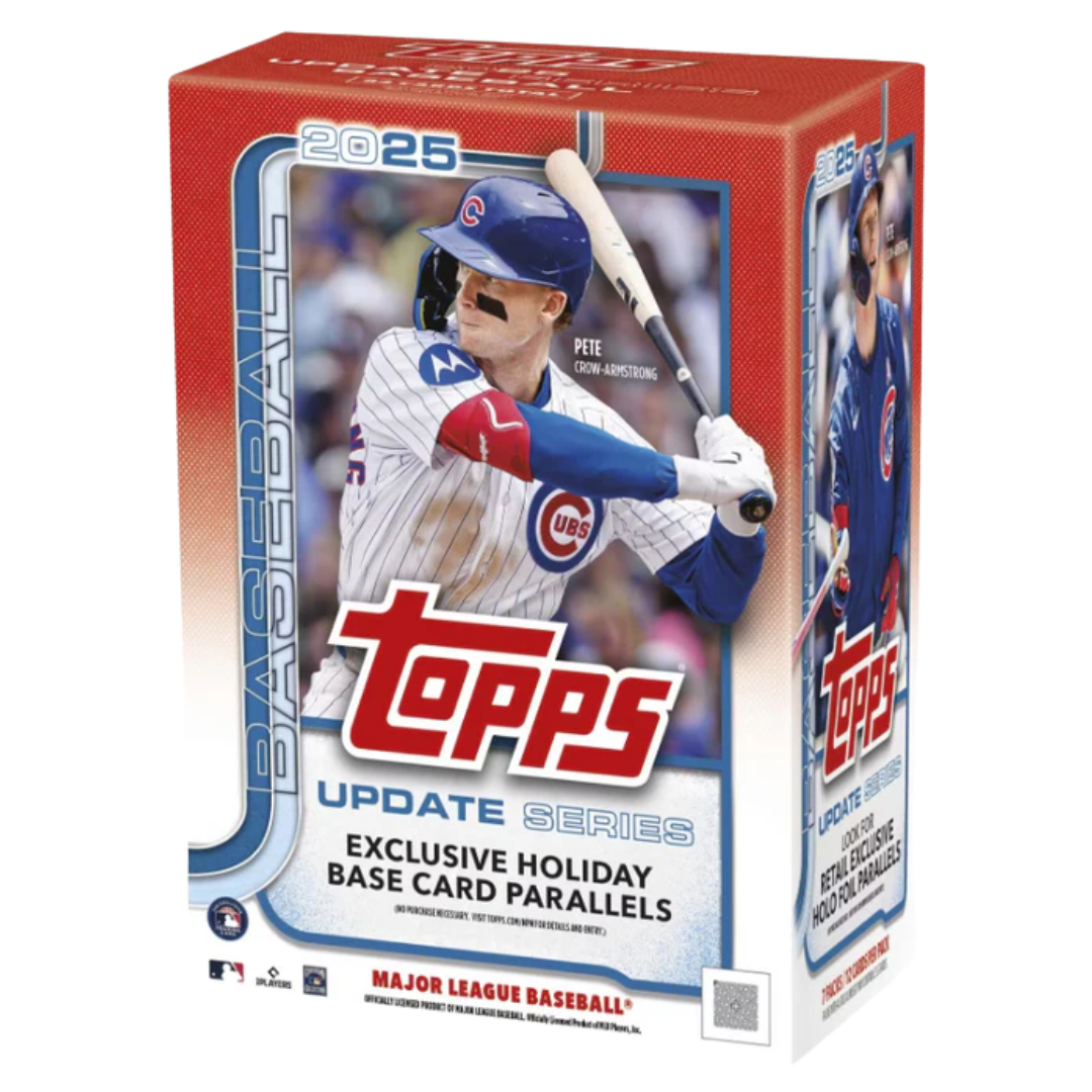 2025 Topps Baseball Update Series Blaster Box with Cubs player artwork and Holiday Parallel branding