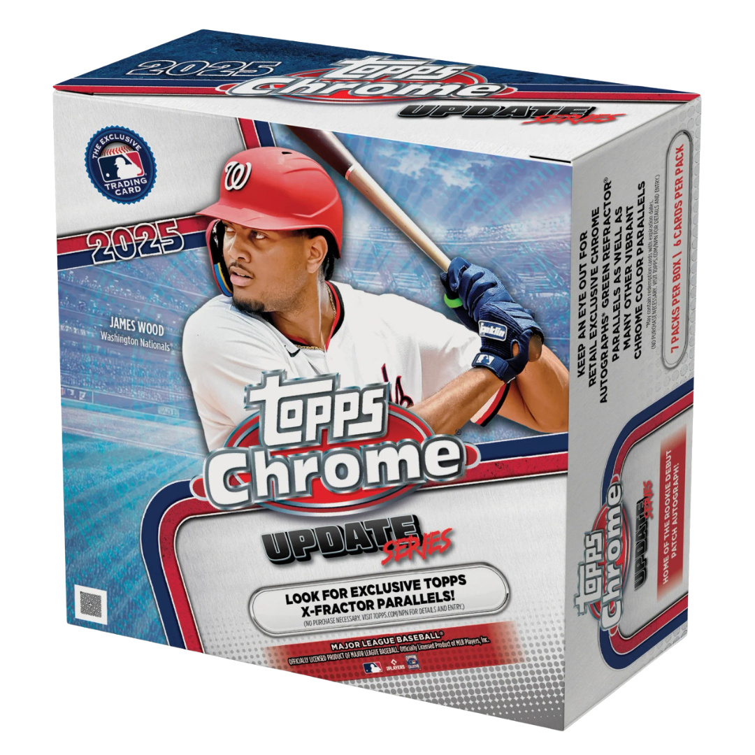 2025 Topps Chrome Baseball Update Series Mega Blaster Box retail packaging with Chrome baseball cards and update series branding