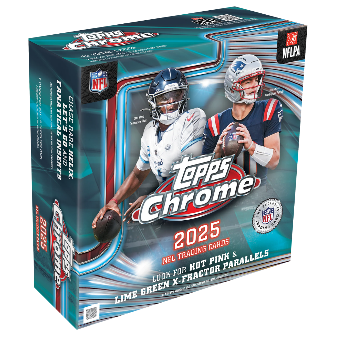 2025 Topps Chrome Football Mega Box with NFL trading cards and exclusive X-Fractor parallels