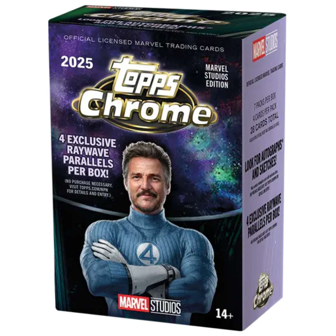 2025 Topps Chrome Marvel Studios Value Blaster Box sealed retail box featuring Marvel Cinematic Universe chrome trading cards