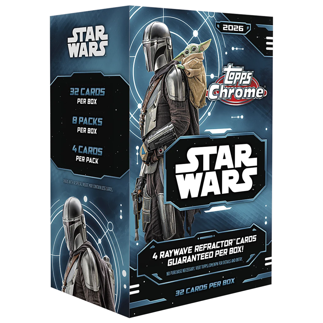 2026 Topps Chrome Star Wars Value Blaster Box with 8 packs and 4 exclusive RayWave Refractor parallels.