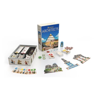 Full view Of all the game pieces. 7 Wonders: Architects board game featuring individual Wonder pieces, strategy-based gameplay, and high-quality components for family fun.