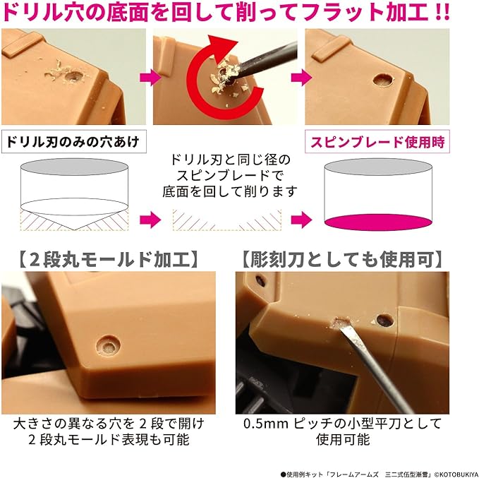 This image showcases a specialized carving tool called a "Spin Blade" (スピンブレード), designed for creating smooth, rounded mold lines in plastic models. The text in Japanese highlights that the tool makes it easy to carve flat, round shapes by rotating it. The main image features the tool in action, carving into a brown plastic surface. There are also two inset images: one showing a close-up of the carved result and another displaying the tool itself with a flat, chisel-like tip. The background is neutral, keep