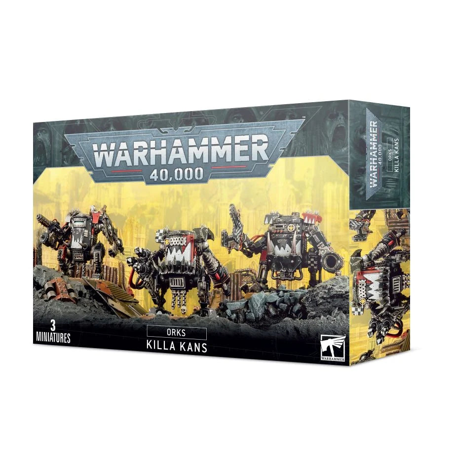 Warhammer 40K Ork Killa Kans set with multiple weapon options, glyphs, armor plates, and 60mm round bases.