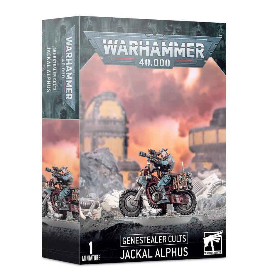 Warhammer 40K Genestealer Cults Jackal Alphus miniature, a sniper leader on a rugged bike, perfect for collectors and strategists.