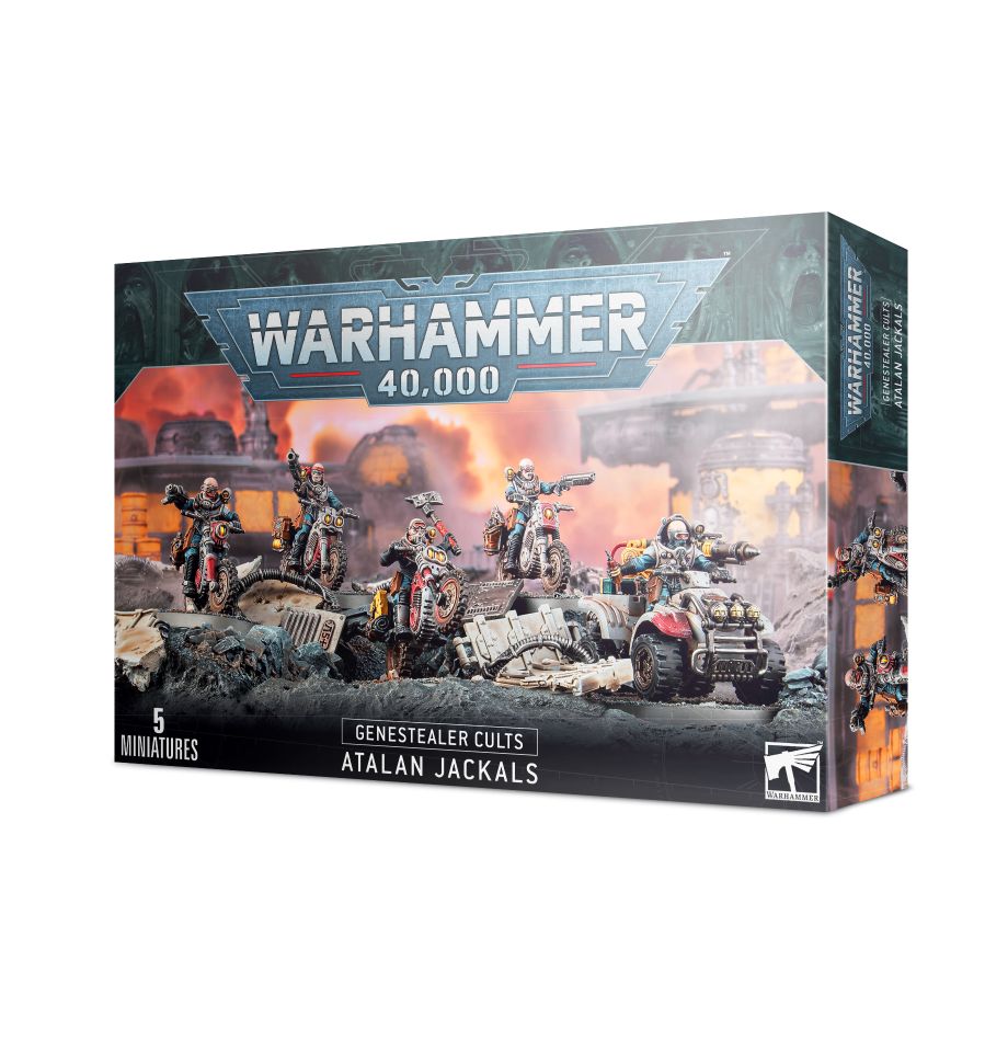Warhammer 40K Genestealer Cults Atalan Jackals miniatures, dirtcycle-riding ambush unit with customizable weapons and a heavily armed Wolfquad.