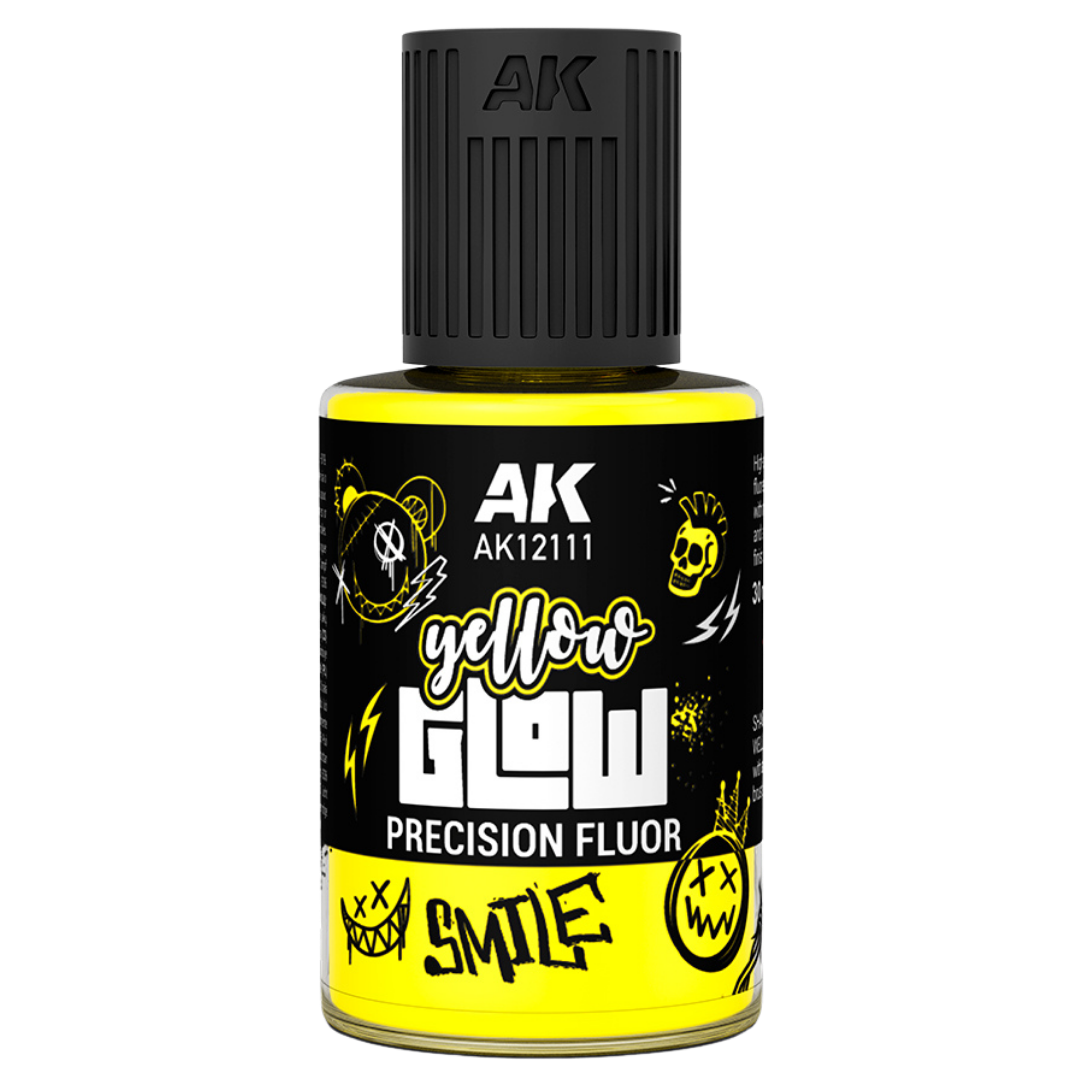 AK Interactive Glow Precision Fluor Yellow 30ml fluorescent enamel paint with built-in brush for miniature effects