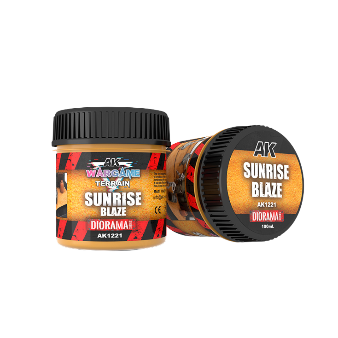 AK Interactive Battle Ground Terrains - Sunrise Blaze, perfect for creating realistic desert environments with rich orange and yellow hues mimicking limestone rocks.