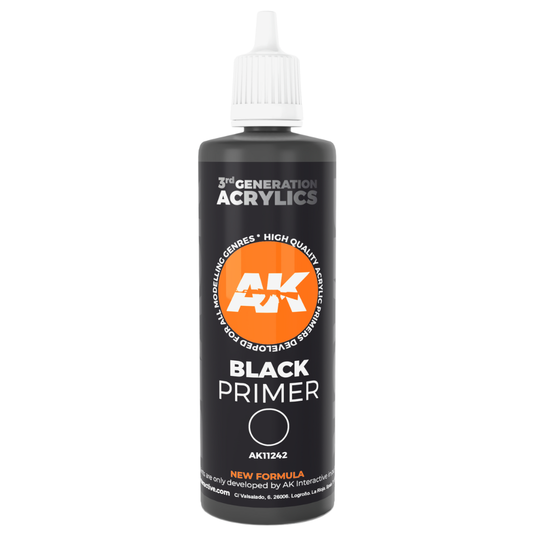 AK Interactive third‑generation black self‑leveling acrylic primer bottle, 100 ml, for model base coating