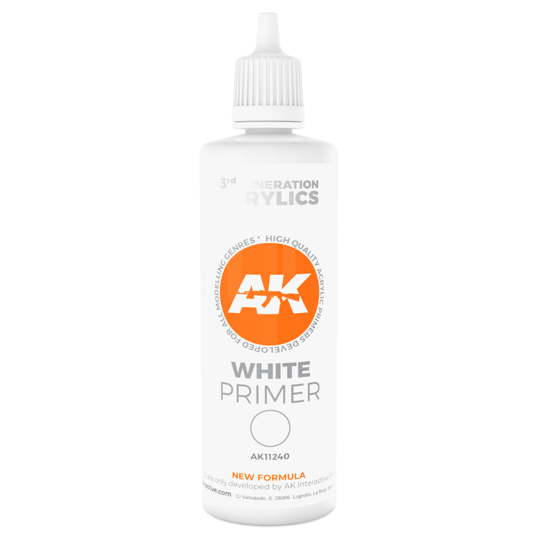 AK Interactive 3G white self‑leveling acrylic primer bottle, 100 ml, for model base coating