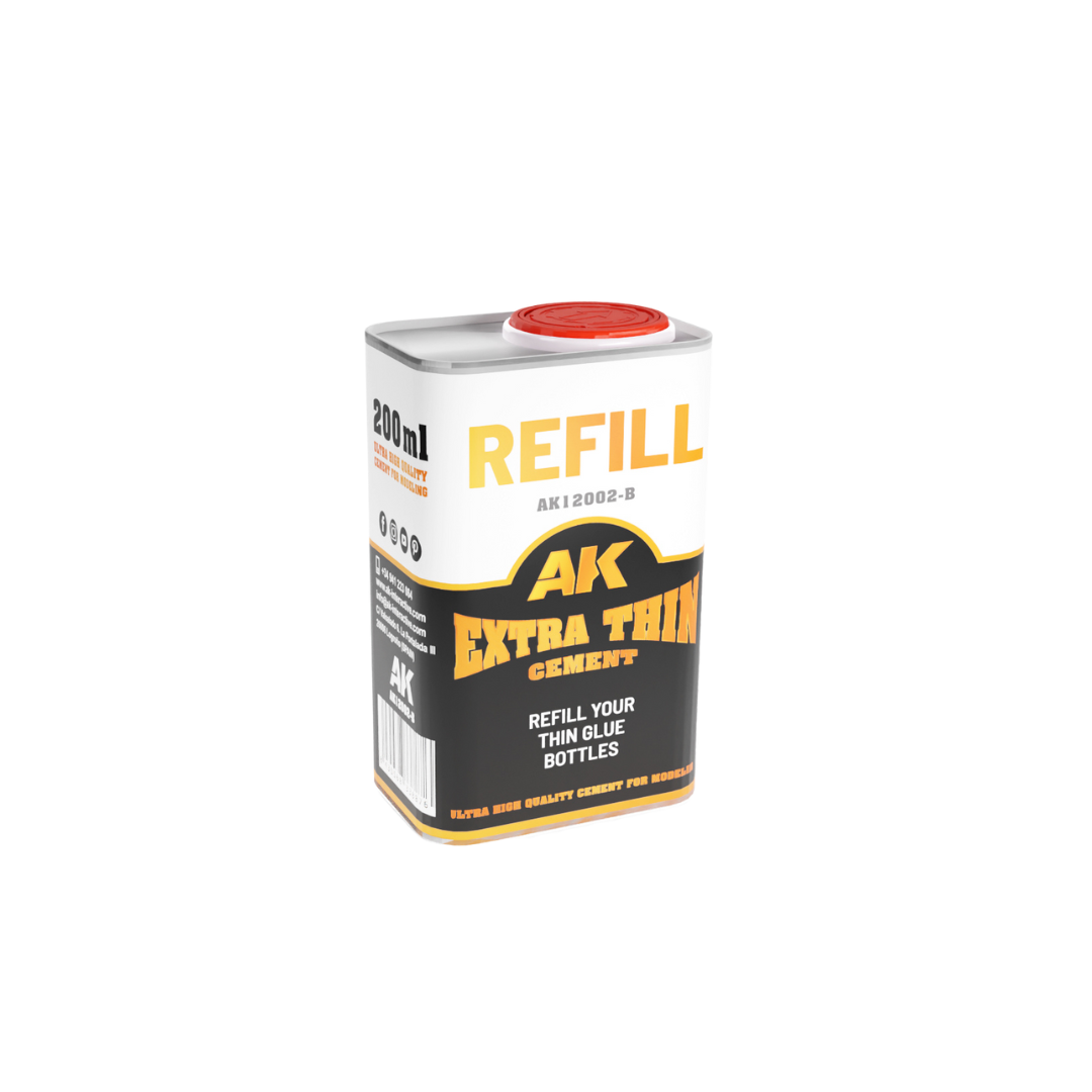 AK Interactive Extra Thin Cement Refill 200 ml canister with dispensing cap.