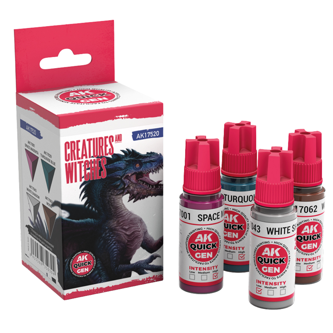 AK Interactive Quick Gen Creatures and Witches paint set with four 18 ml bottles—Space Magenta, Turquoise Blue, White Shadow, Wood—for fantasy miniatures