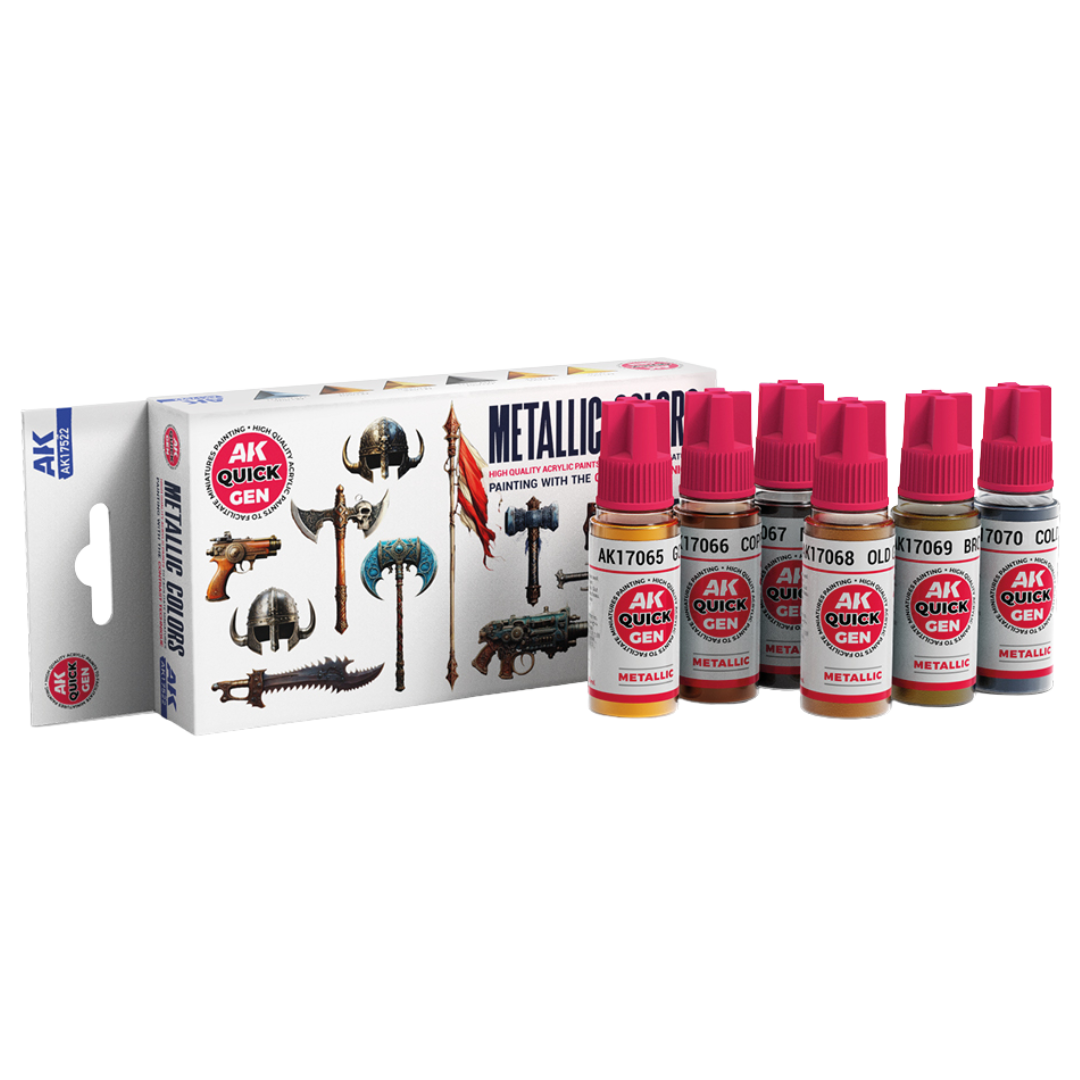 AK Interactive Quick Gen Metallics paint set with six 18 ml bottles—Gold, Copper, Dark Steel, Old Gold, Bronze, Cold Steel—for metallic miniature detailing