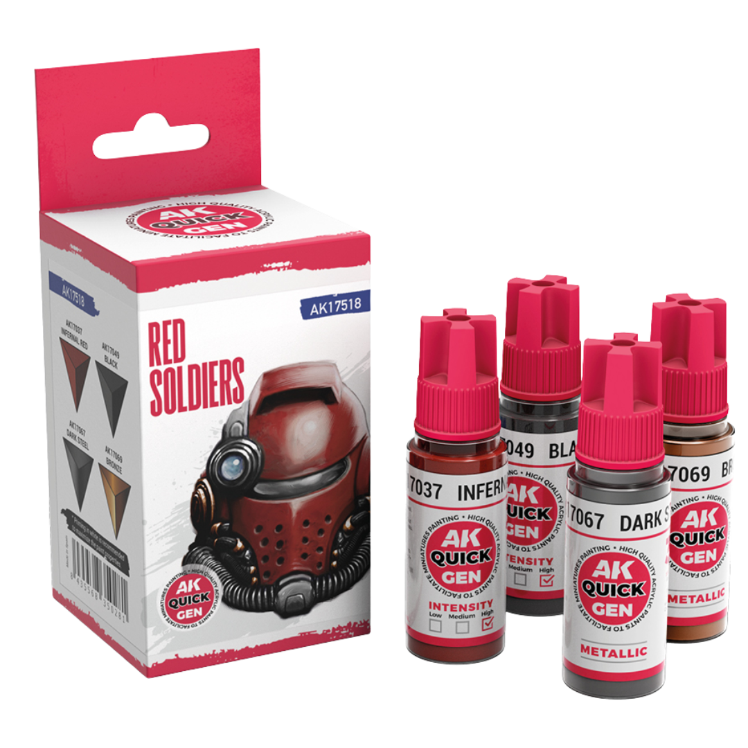 AK Interactive Quick Gen Red Soldiers paint set with four jars—Infernal Red, Black, Dark Steel, Bronze—for miniature figures