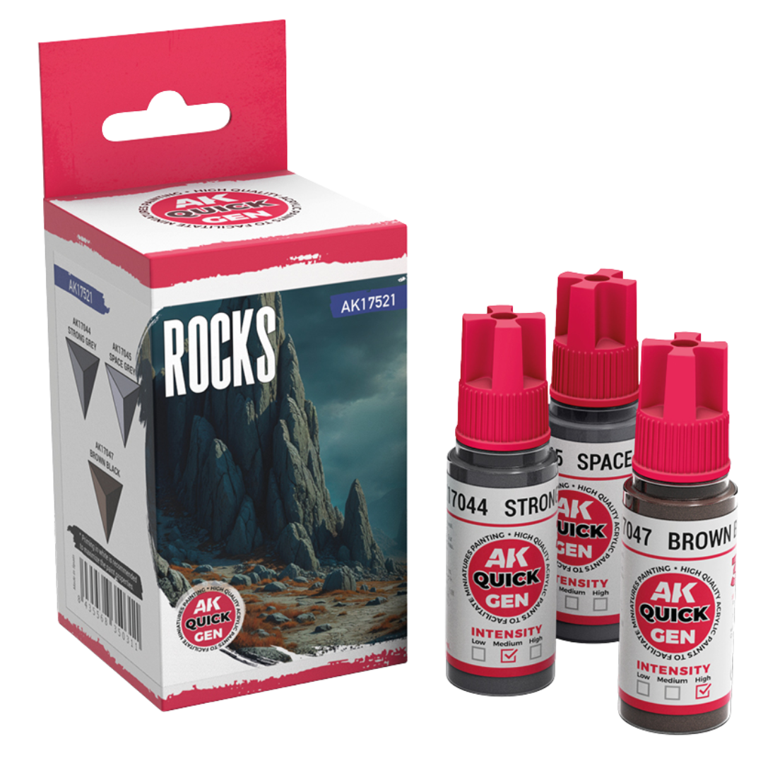 AK Interactive Quick Gen Rocks paint set with three 18 ml bottles—Strong Grey, Space Grey, Brown Black—for rocky scenery painting