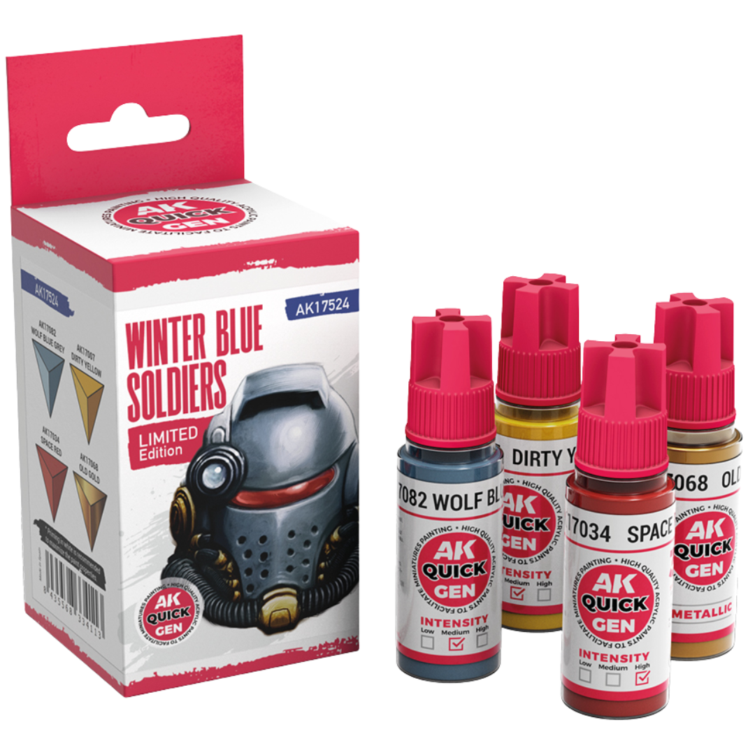 AK Interactive Quick Gen Winter Blue Soldiers paint set with four 18 ml bottles—Wolf Blue Grey, Dirty Yellow, Space Red, Old Gold—for snowy miniature schemes