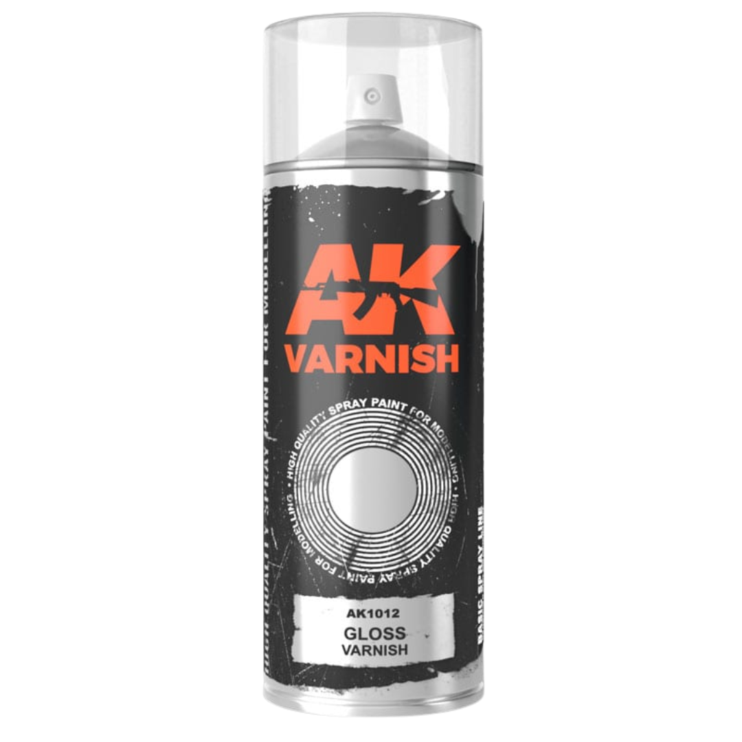 AK Interactive gloss varnish spray can, 400 ml, with dual diffusers for glossy model finishing
