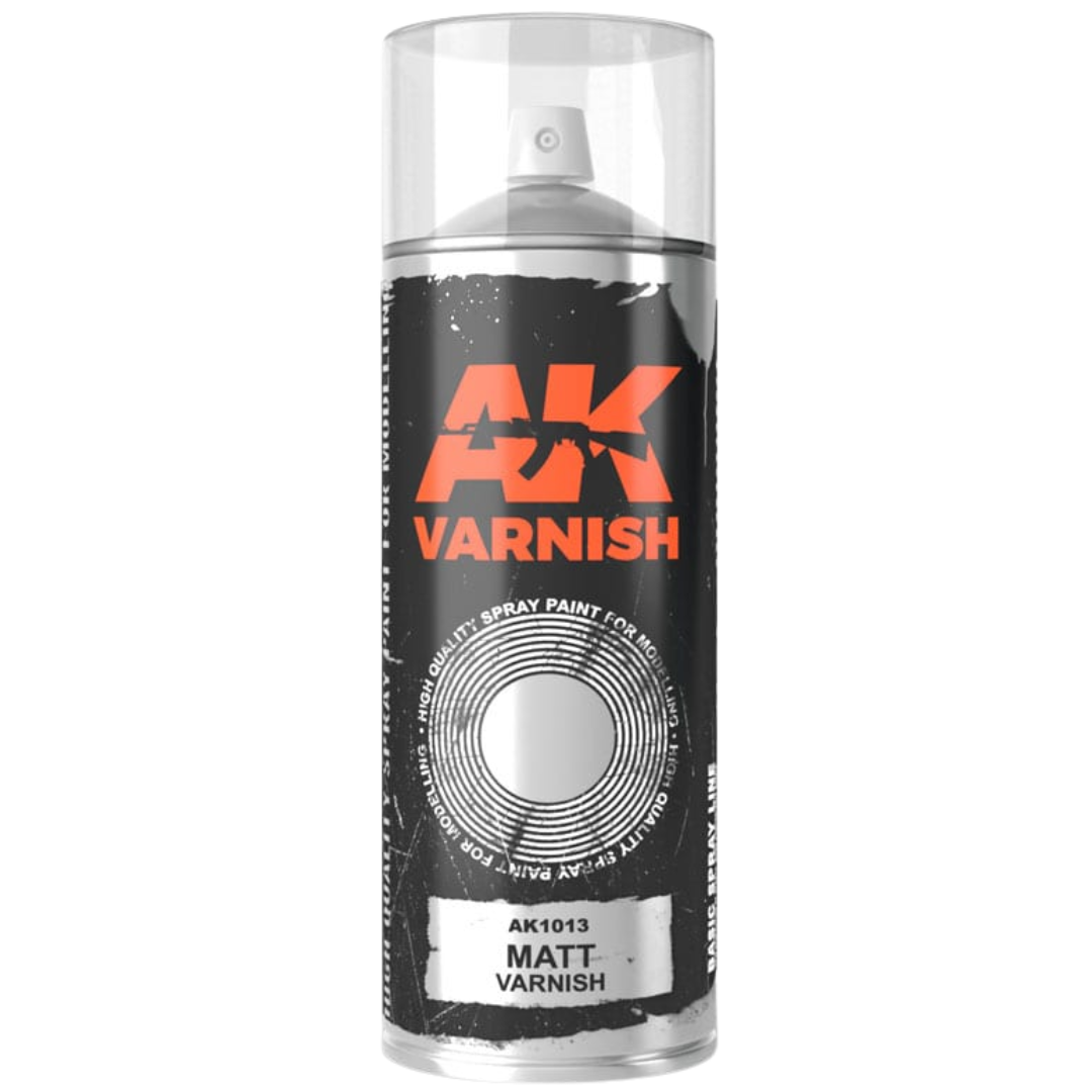 AK Interactive matt varnish spray can, 400 ml, with standard and fine diffusers for model finishing
