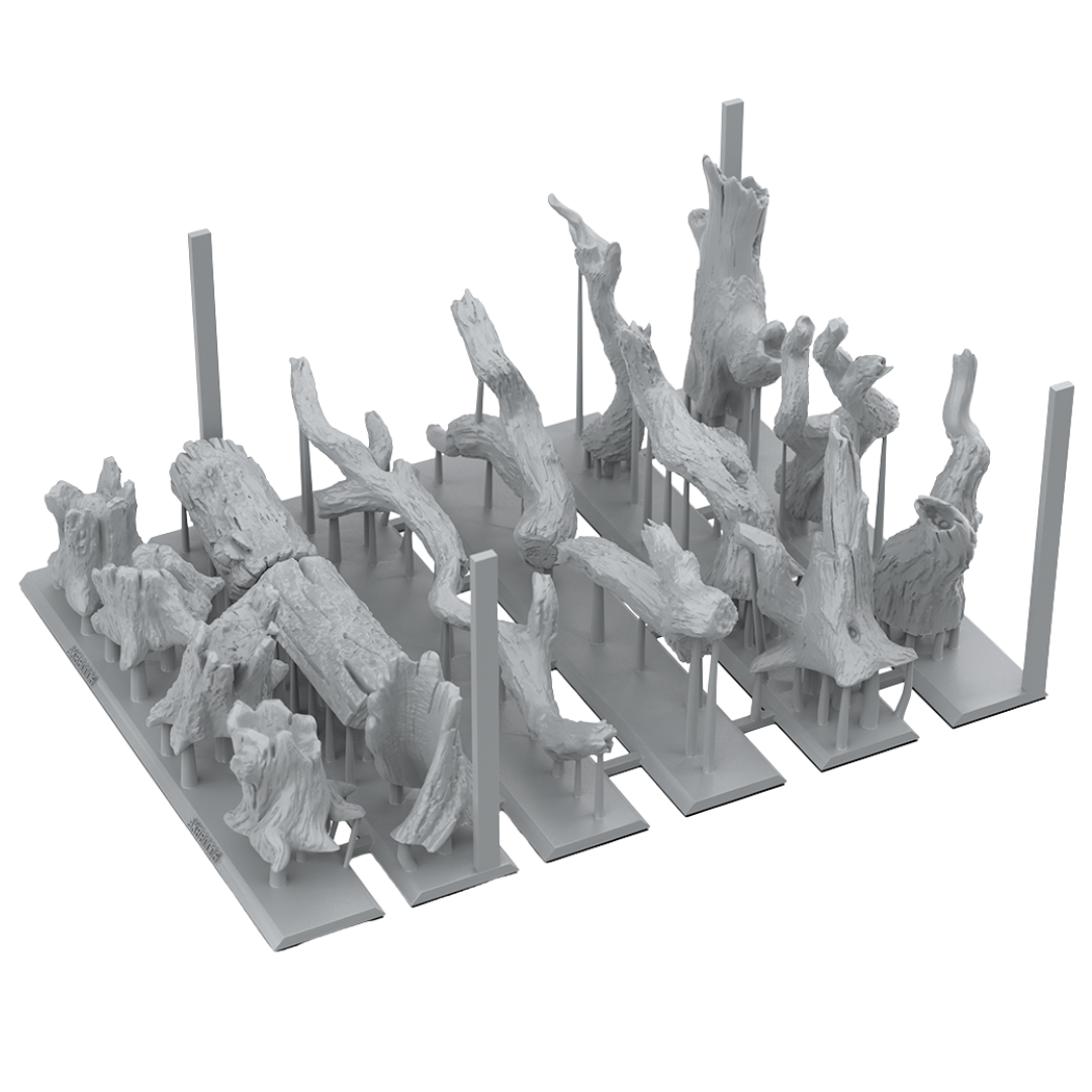 Dead Tree Basing bits painted on 32mm base, fallen trunk and roots as scenic detail