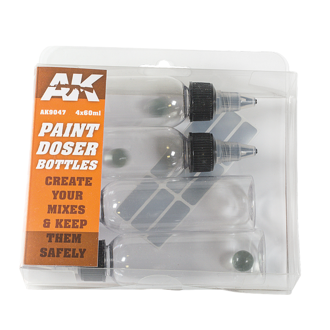 AK Interactive 60 ml paint doser bottles set of four with mixing balls and precision nozzles