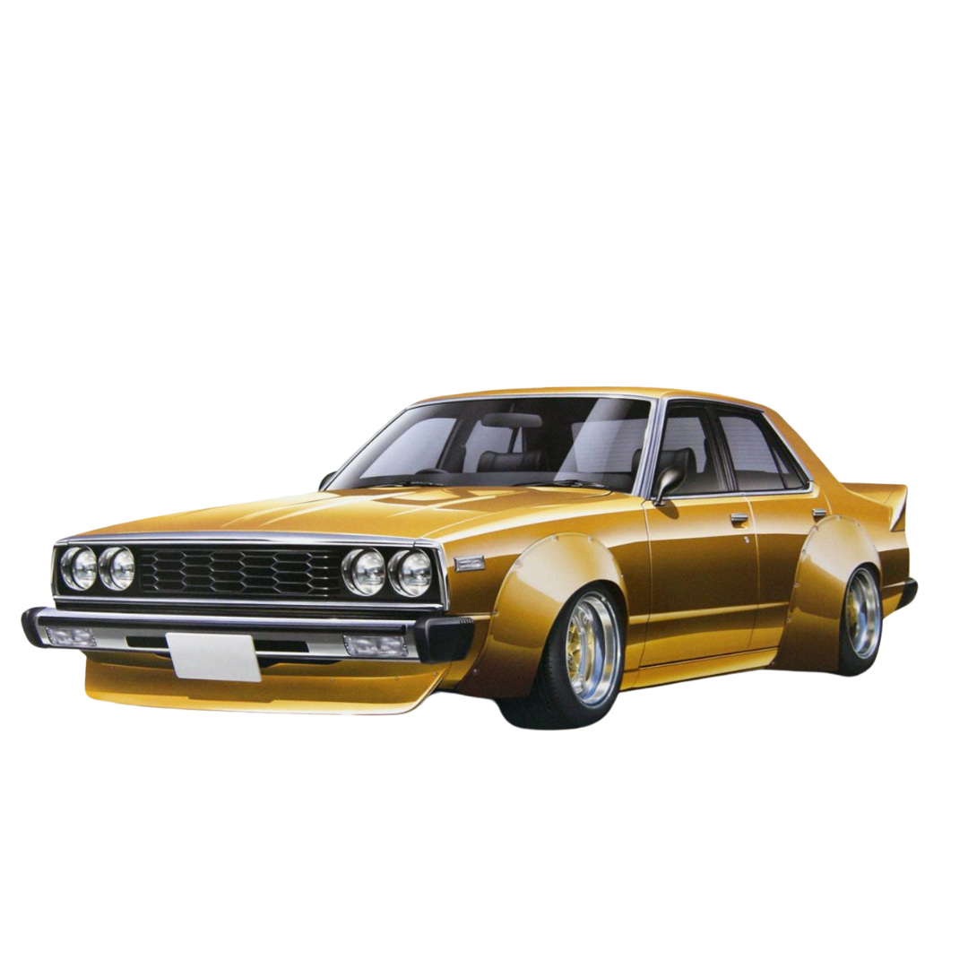 Aoshima 1/24 scale Nissan Skyline 2000GT-E/S Wide Body model kit, detailed plastic assembly kit for car enthusiasts.