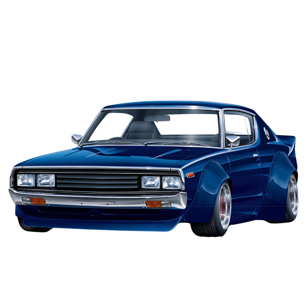 Aoshima 1/24 scale model kit of the Nissan Skyline H/T 2000GT-X Wide Body with flared fenders, detailed interior, and realistic chassis for JDM enthusiasts.