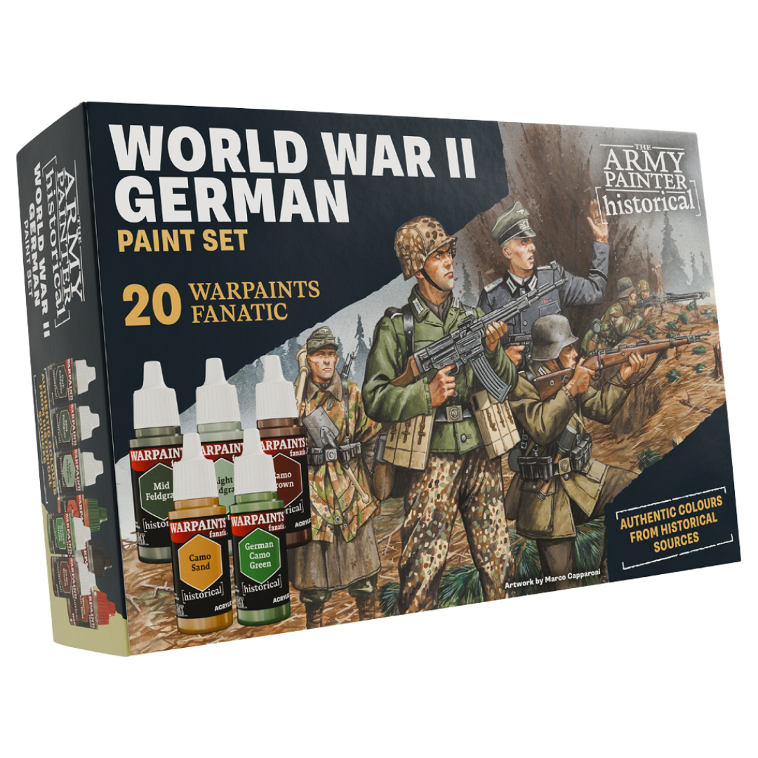 Army Painter WWII German Paint Set with 20 acrylic paints, featuring accurate colors for painting WWII German soldiers, vehicles, and historical scale models.