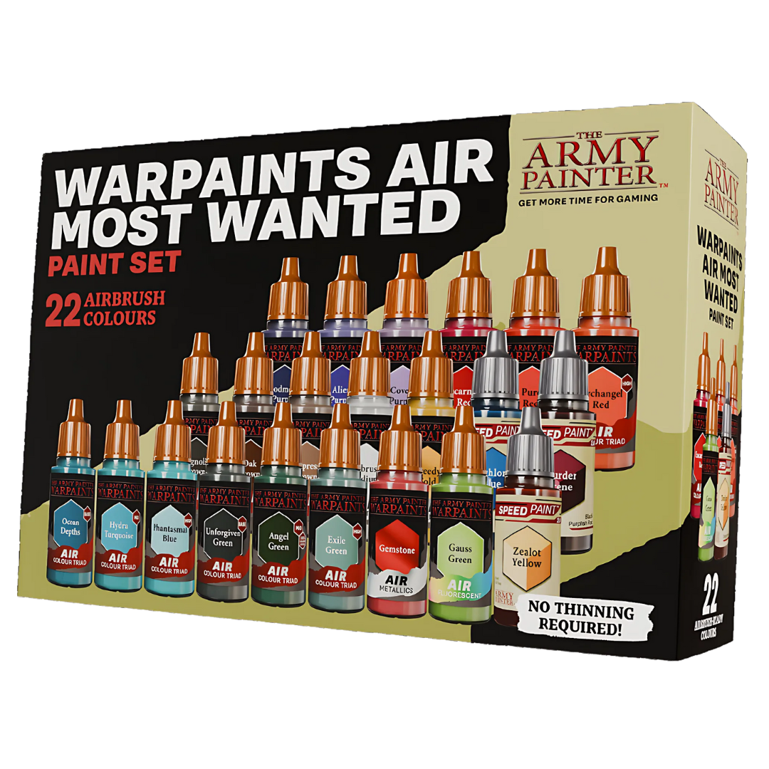 Army Painter Air Most Wanted Paint Set featuring 22 pre-thinned, high-pigment airbrush-ready paints for miniature painting and wargaming model customization.