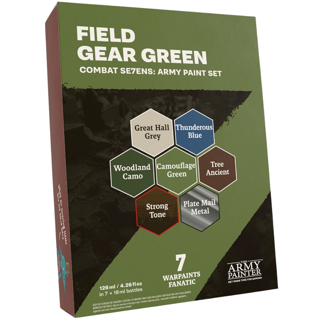 Army Painter Warpaints Fanatic Combat Se7ens Field Gear Green paint set with 7 coordinated colours