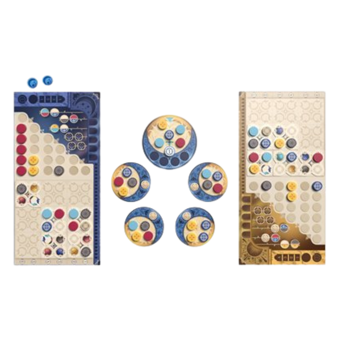 Azul Duel board game layout showing two player boards with colorful tiles being placed on a central display. A tactical tile-based game with strategic pattern building and colorful designs.
