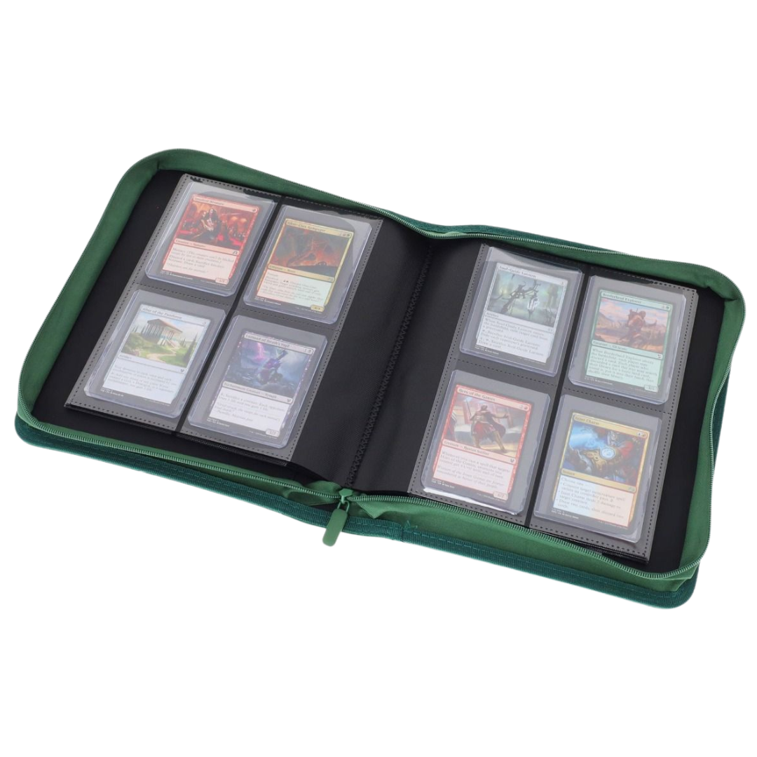Green BCW Z-Folio LX 4-pocket album holds 3x4 top loaders with premium card protection and colorful design for TCG and collectible cards