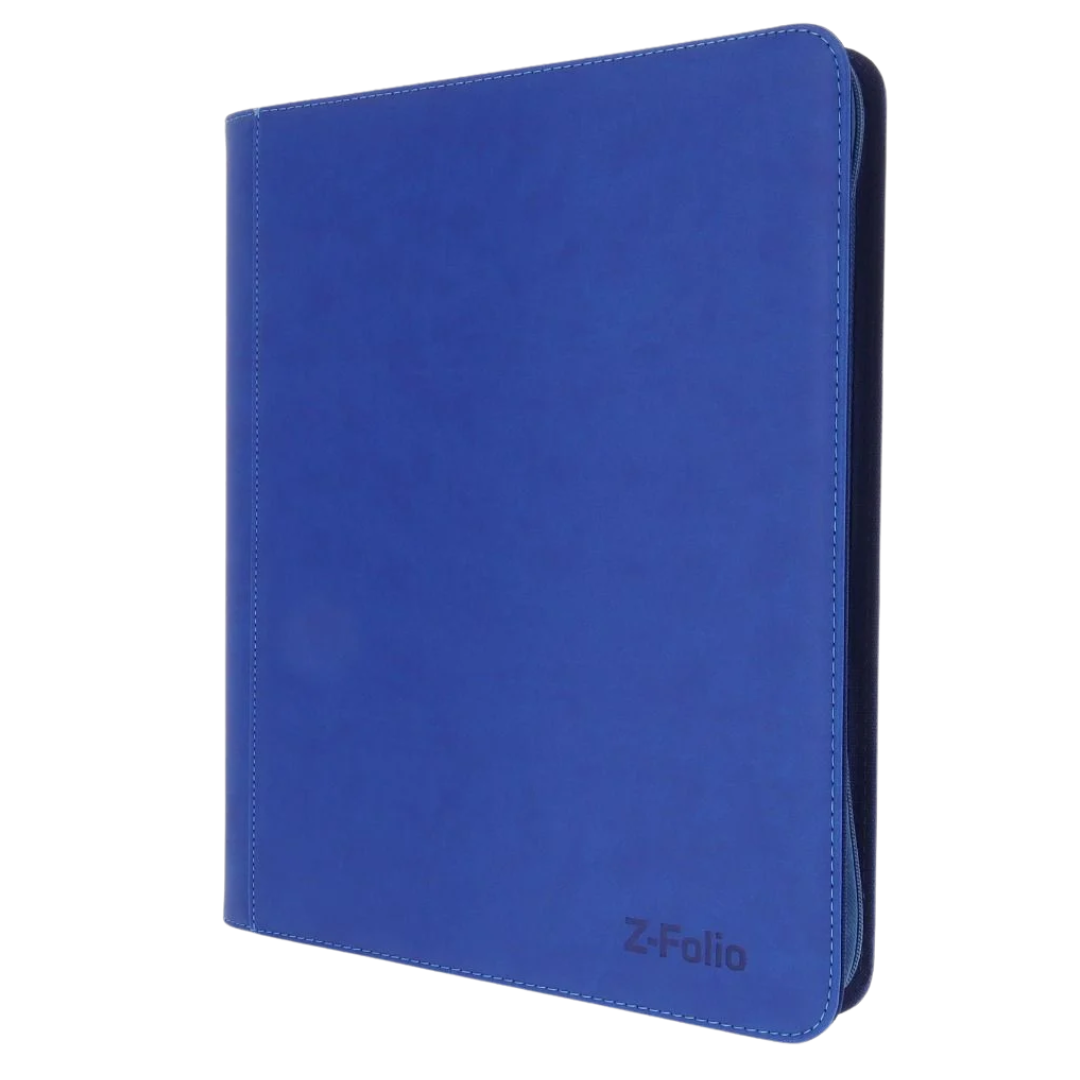 BCW 4-Pocket Z-Folio LX Toploader Album Blue, zippered card binder with padded cover and side-loading pages for secure toploader card storage.