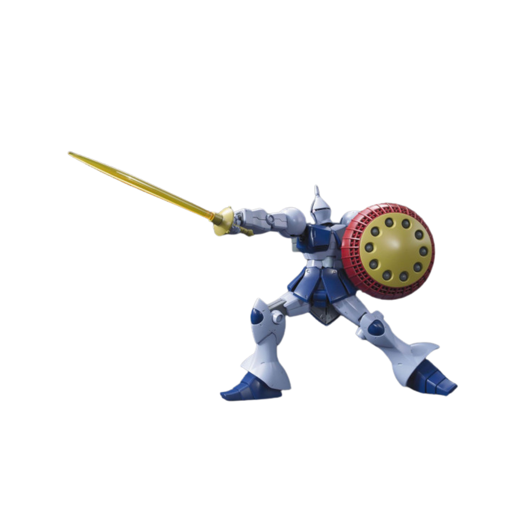 Bandai HG YMS-15 Gyan model kit from Mobile Suit Gundam, featuring spiked mace, oversized shield, and detailed articulation for dynamic poses