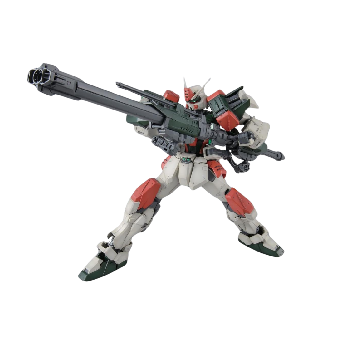 Bandai MG Buster Gundam model kit from Gundam SEED featuring heavy artillery, fully articulated frame, and signature long-range weapon system.