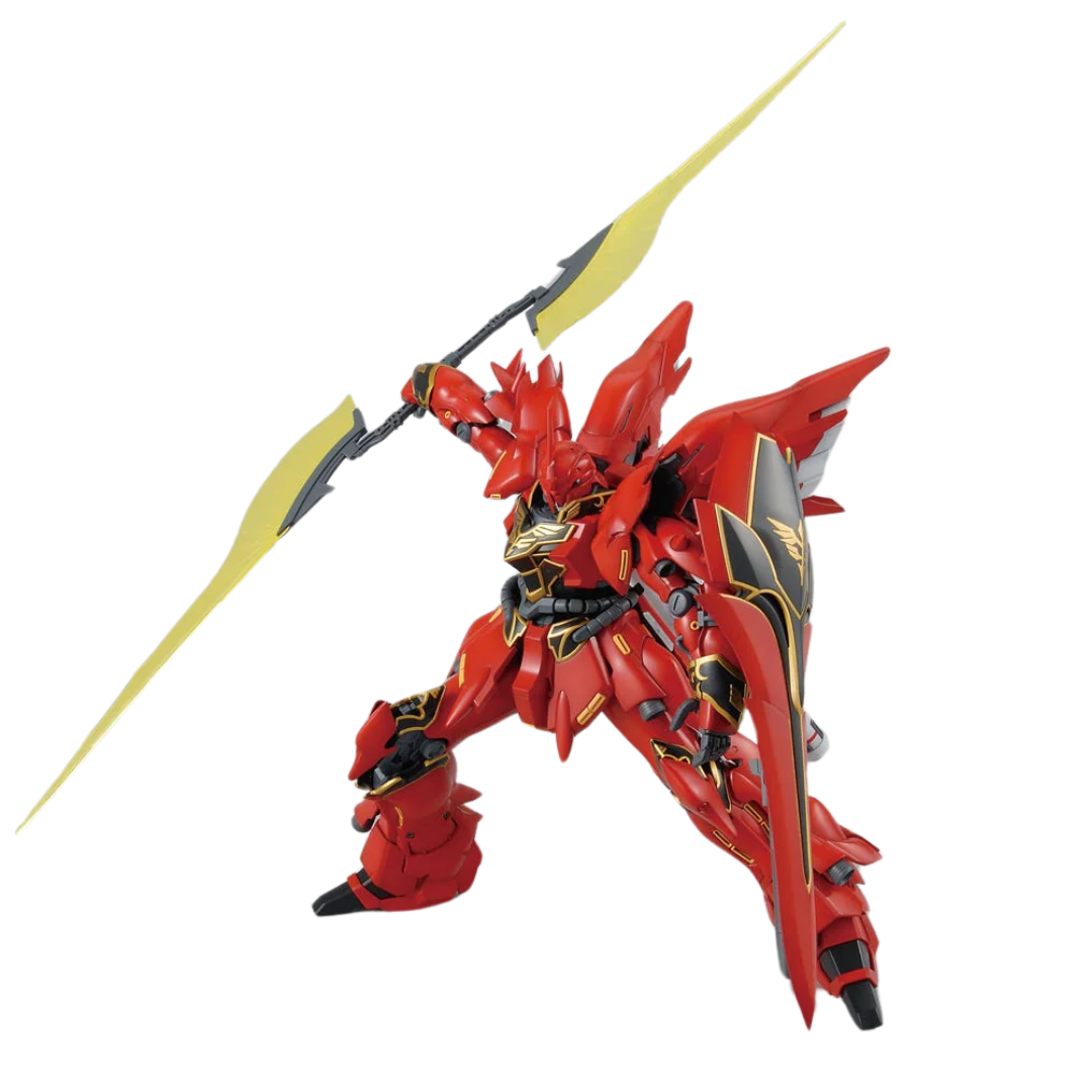 Bandai MG Sinanju (Animation Color) Gundam UC model kit with animation-accurate red and gold color scheme, detailed armor, and full articulation.