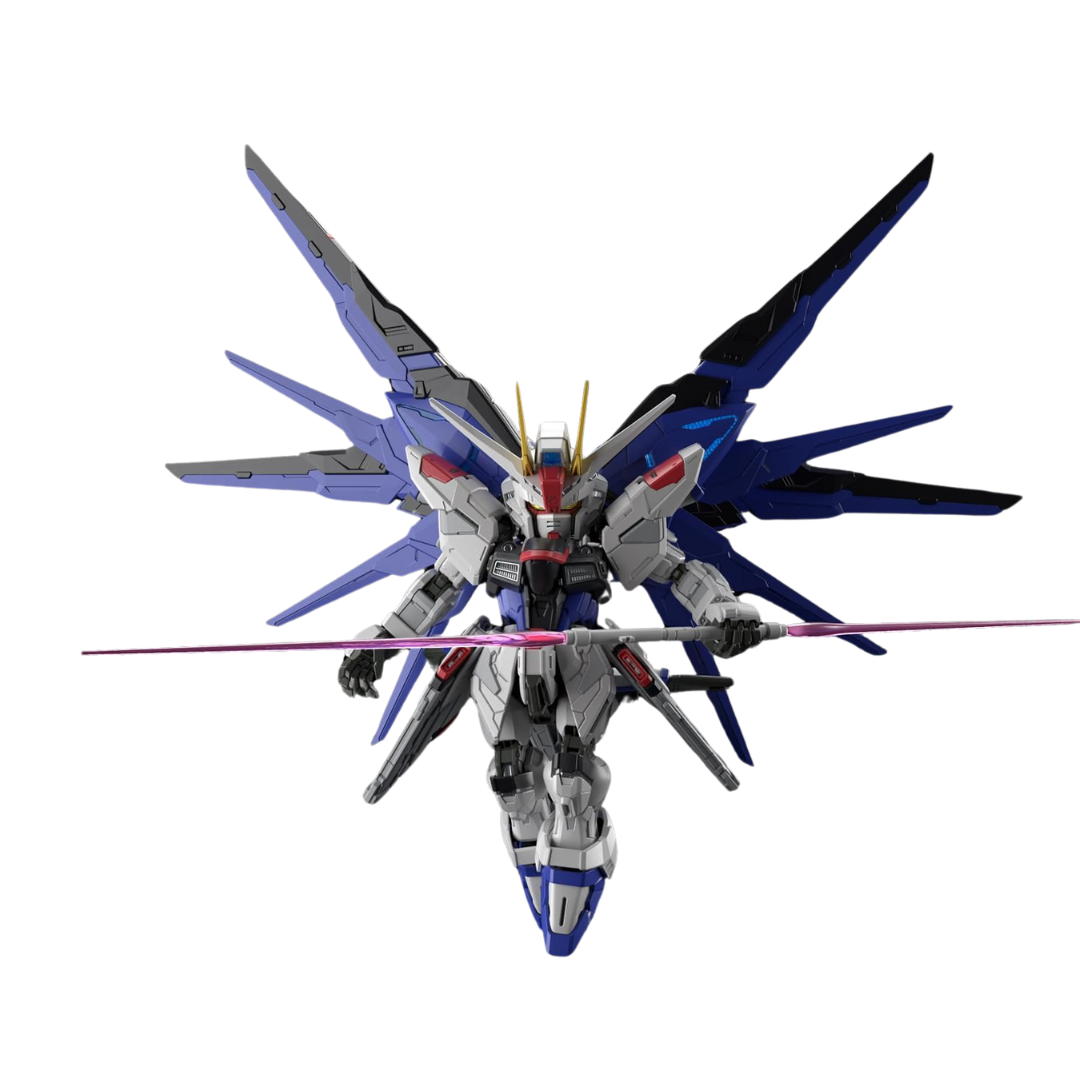 Bandai MGSD Freedom Gundam model kit, stylized SD Gundam with detailed articulation, iconic wings and weapons, perfect for collectors and Gundam fans.