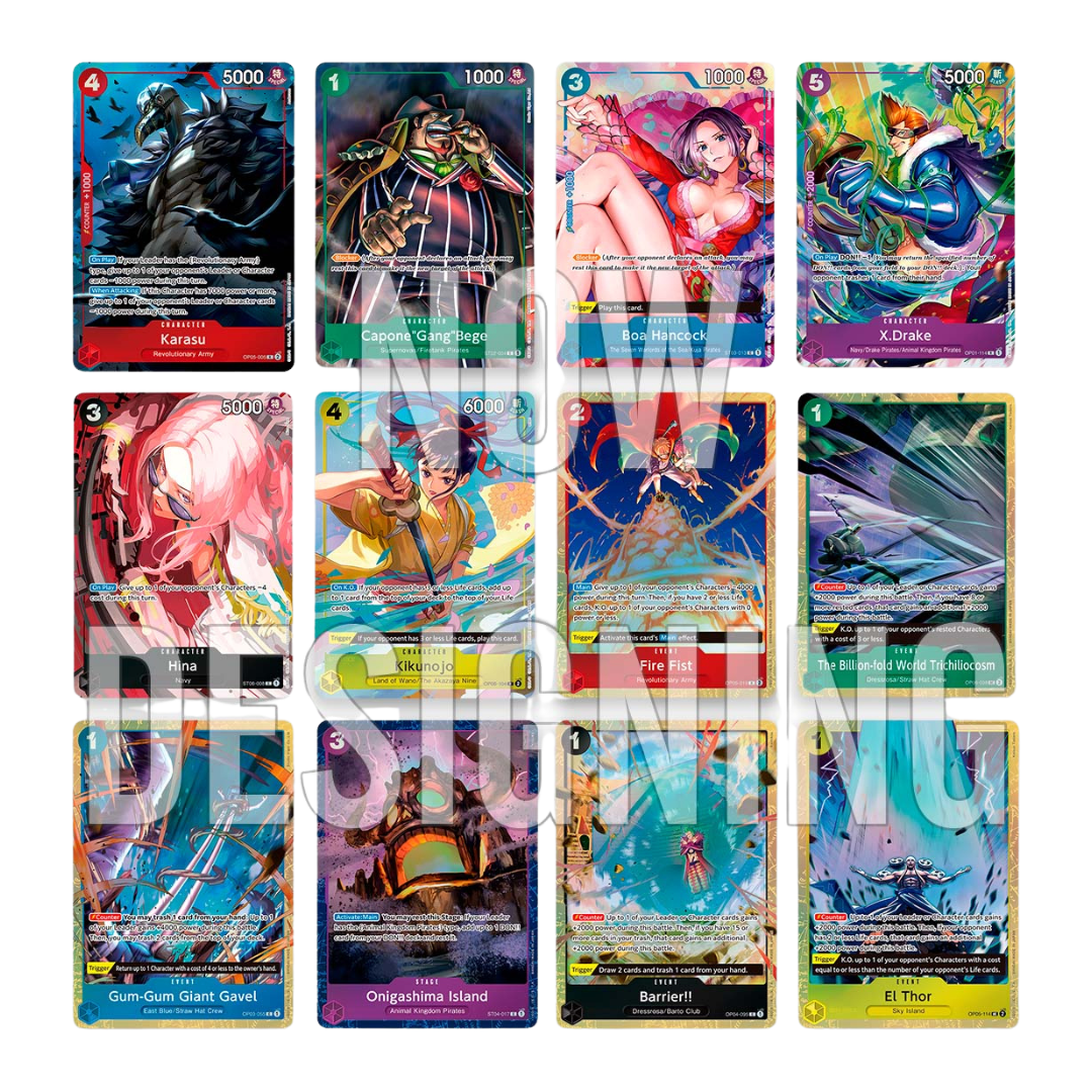 Collection of colorful One Piece trading cards with various characters such as Karasu, Hina, and X.Drake