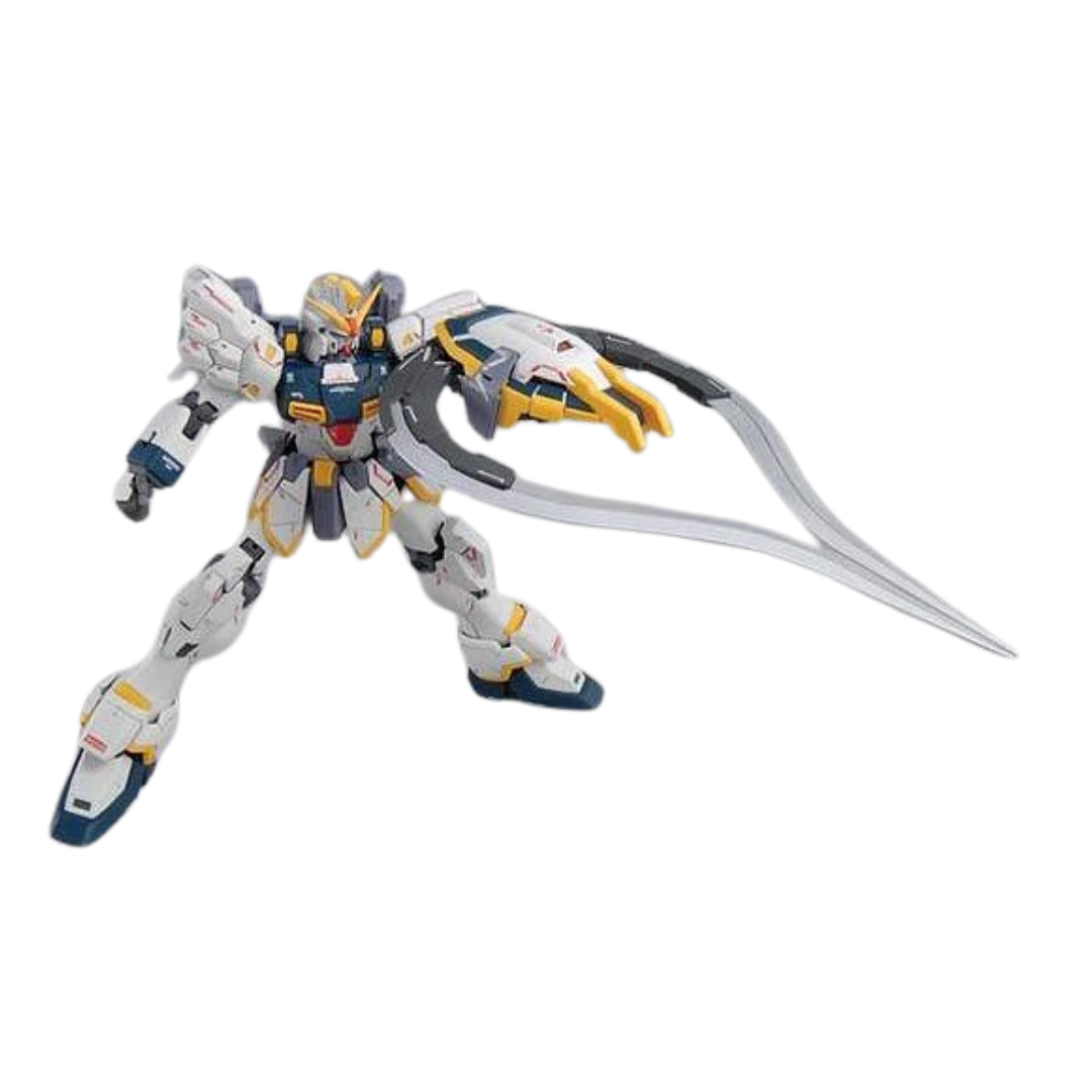 Bandai MG Gundam Sandrock EW Ver. model kit with Heat Shotels, posable frame, detailed armor, and cloak parts from Gundam Wing: Endless Waltz.