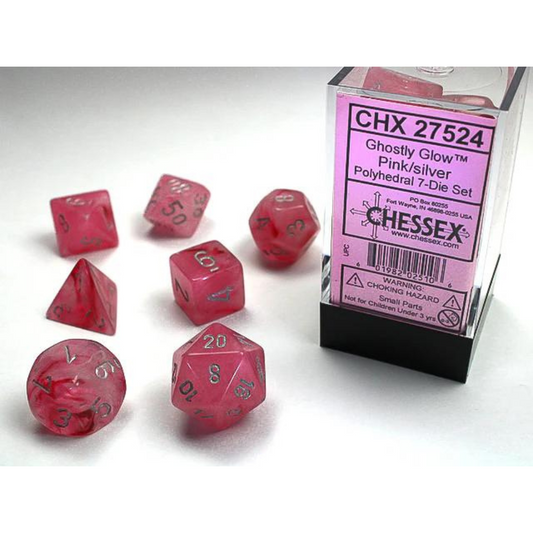 Chessex - 7PC - Ghostly Glow - Pink/Silver Numbers