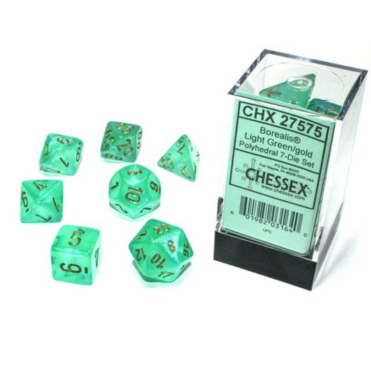 Chessex - 7PC - Borealis - Light Green/Gold Numbers