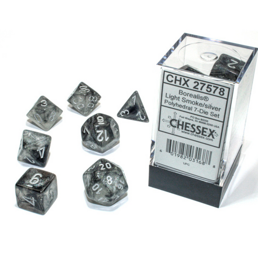 Chessex - 7PC - Borealis - Light Smoke/Silver Numbers