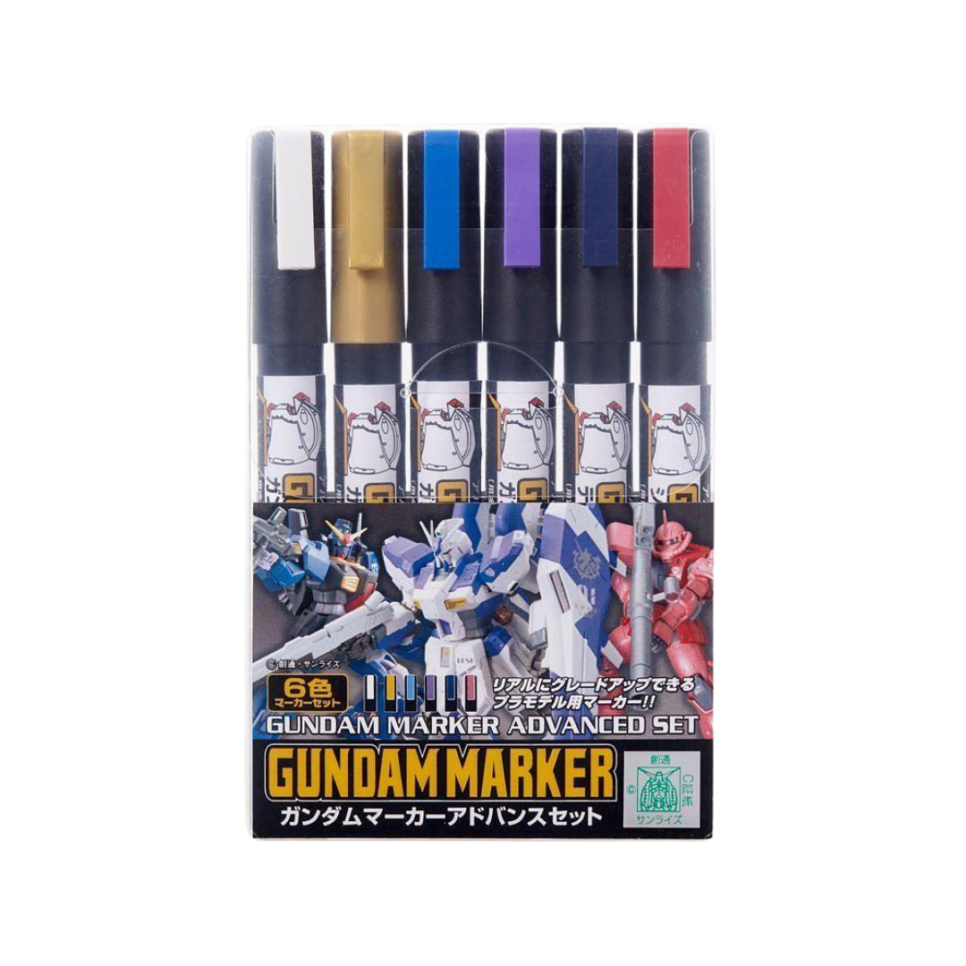 Bandai Gundam Advanced Marker Set for Gunpla customization, featuring colors for panel lining, shading, and weathering effects.