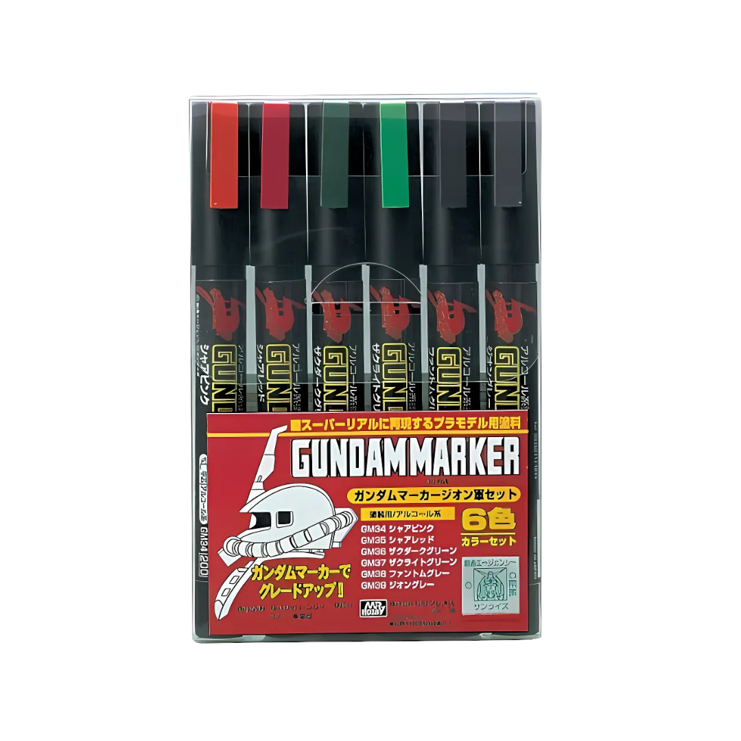 Bandai Gundam Zeon Marker Set for Gunpla customization, featuring colors ideal for detailing and panel lining Zeon mobile suits.