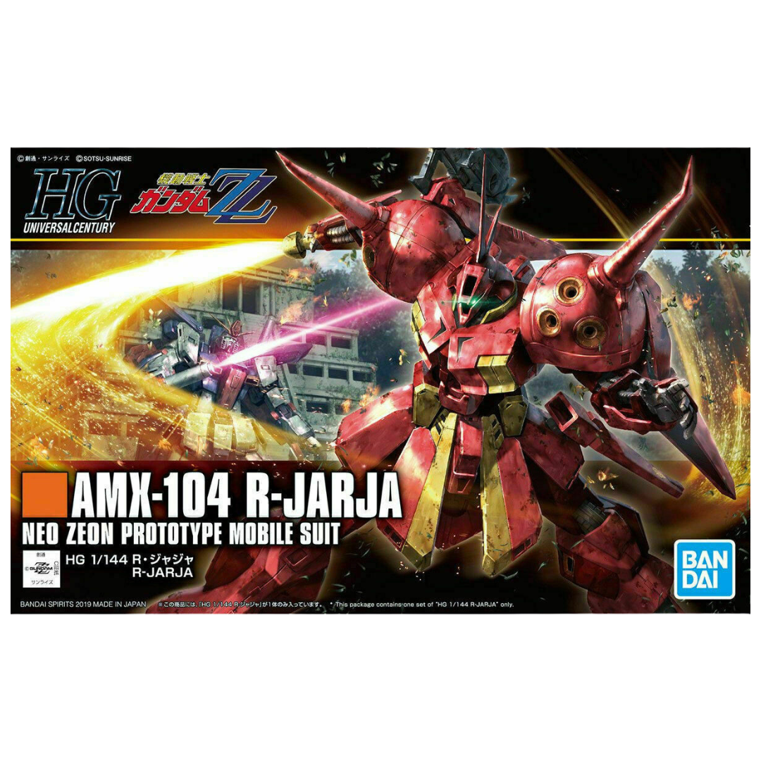 Bandai HG AMX-104 R-Jarja model kit from Mobile Suit Gundam ZZ, featuring a sleek design, beam rifle, and dynamic poseability in 1/144 scale