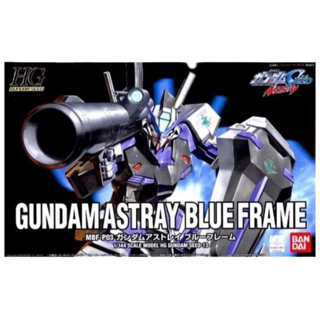 HG 1/144 Gundam Astray Blue Frame by Bandai, highly articulated Gunpla kit from Gundam SEED Astray with blue-white armor and signature melee weapon.
