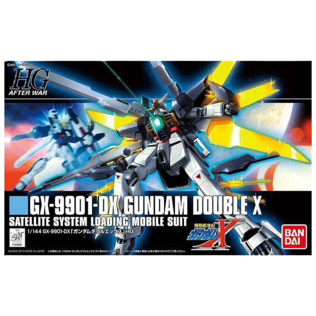 Bandai HG Gundam Double X box art from After War Gundam X, featuring dynamic poses of the Gundam with twin satellite cannons in a futuristic battle scene.