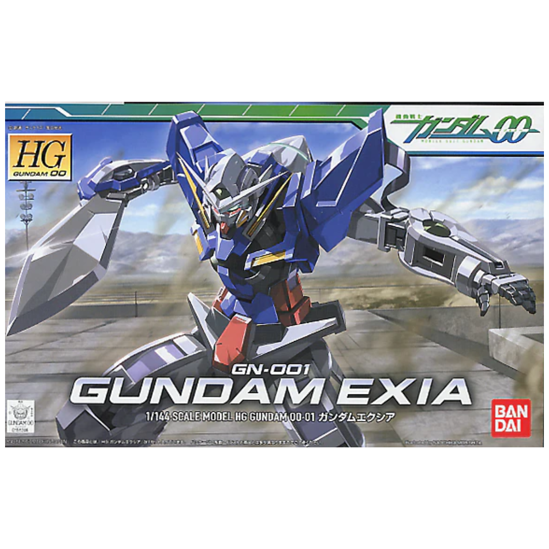 Bandai HG 1/144 Gundam Exia “Gundam 00” model kit box art featuring Exia in dynamic combat pose with GN Sword